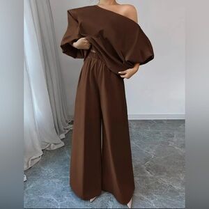 Elegant Brown Wide-Leg Suit Size L